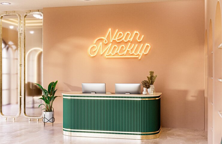 Logotipo de parede de néon Clínica de beleza Salão de recepção Mockup Renderização 3D realista