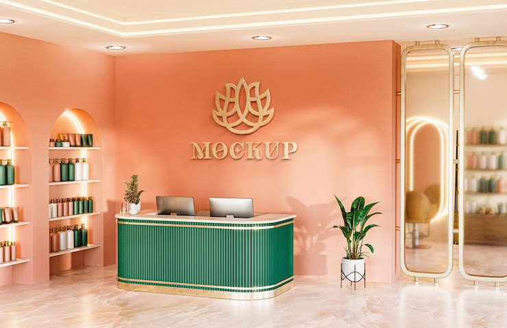 Logotipo de parede Mockup Clínica de beleza Salão de recepção Renderização 3D realista