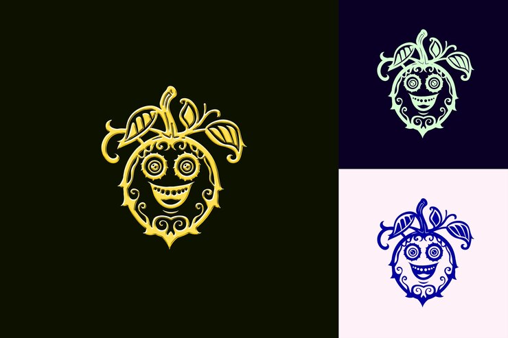 PSD logotipo de personagem de fruto da paixão exótico com videiras decorativas um desenho vetorial criativo e minimalista