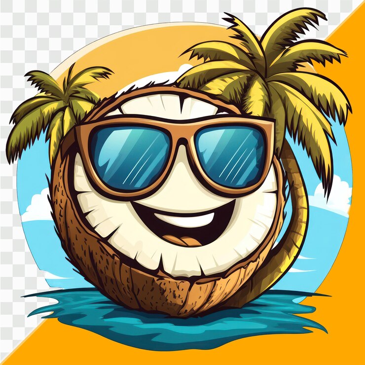 PSD logotipo de dibujos animados de coco del caribe divertido usando gafas de sol en la playa vectores colores de árbol vac