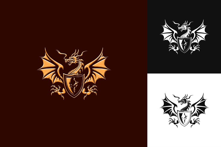 PSD logotipo do brasão de armas do dragão medieval com garras e fogo para as coleções de design vetorial abstrato de