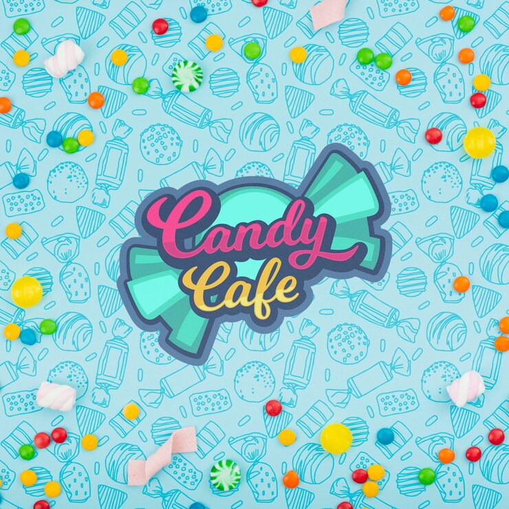 PSD logotipo do café candy rodeado por uma variedade de doces