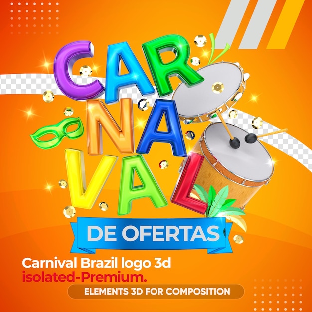 Logotipo do carnaval 3d com instrumentos em renderização 3d