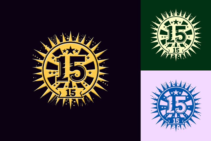 PSD logotipo do emblema do 15o aniversário com um 15 estilizado no centro vector abstract design collections