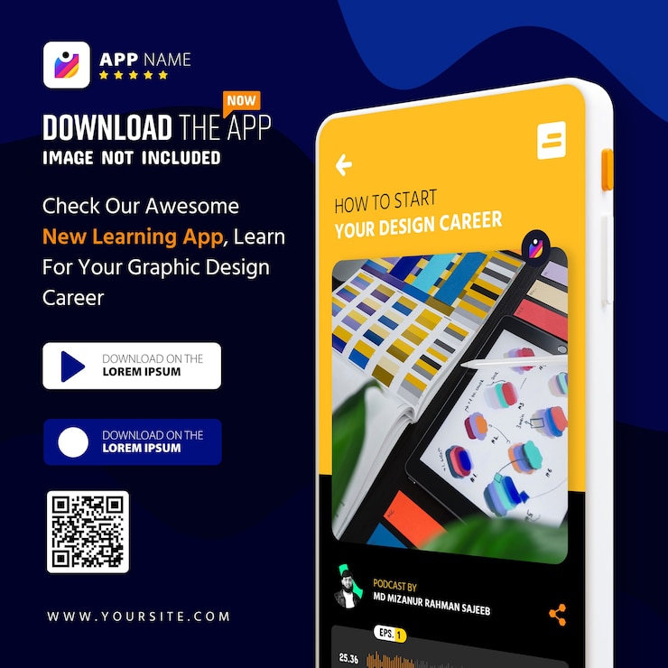 PSD logotipo do modelo de promoção de aplicativo de smartphone e botões de download com leitura de código qr