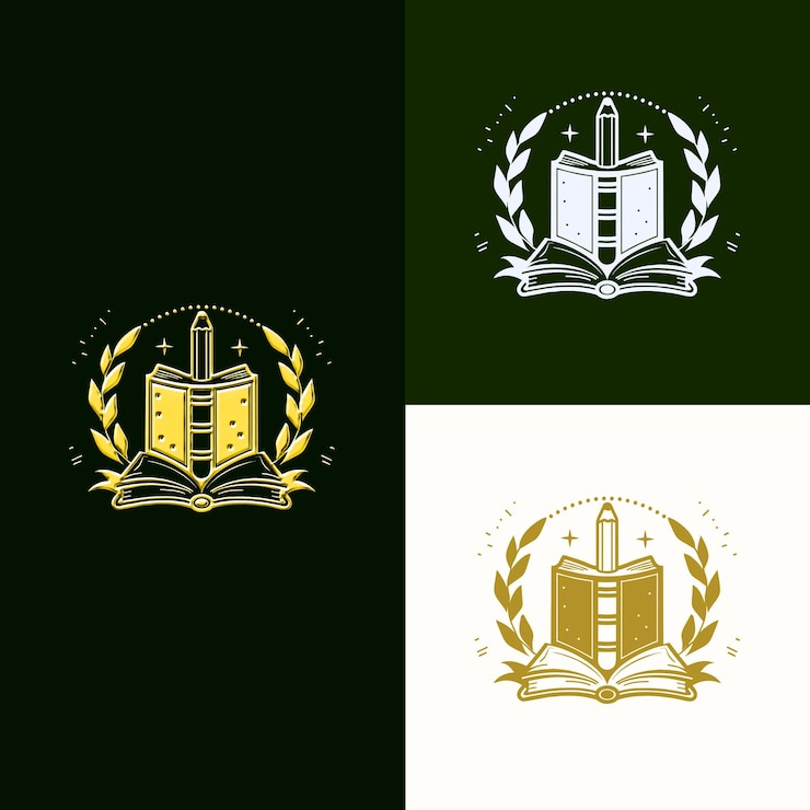 PSD logotipo do prêmio de educação e aprendizagem com desenhos vetoriais criativos e únicos de livro e lápis