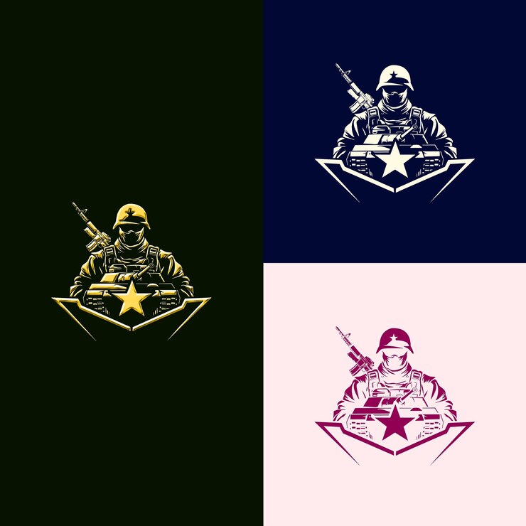 PSD logotipo do prêmio de guerra com um tanque e um soldado para decoração designs vetoriais criativos e únicos