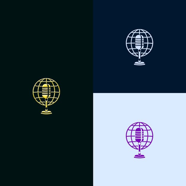 Logotipo do prêmio de relações públicas com um microfone e um globo fe designs vetoriais criativos e únicos