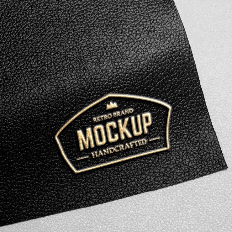 PSD logotipo dorado en maqueta de cuero negro.