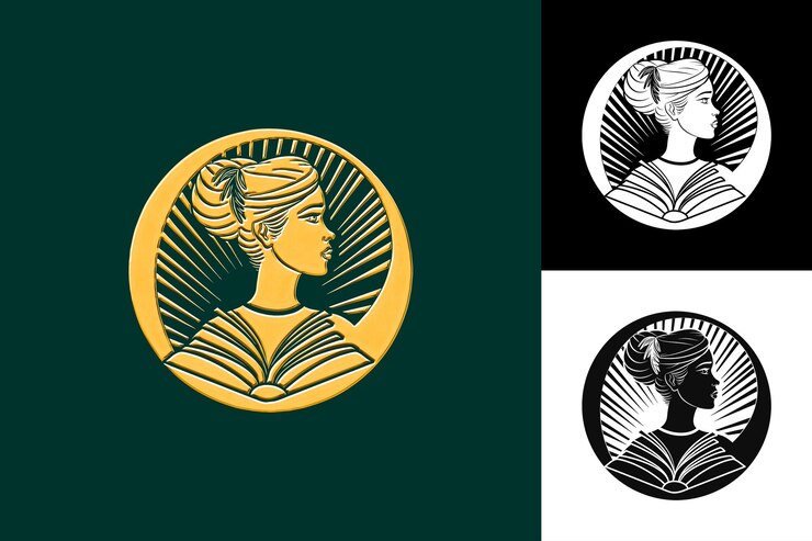 PSD un logotipo dorado con una mujer en un vestido dorado y negro