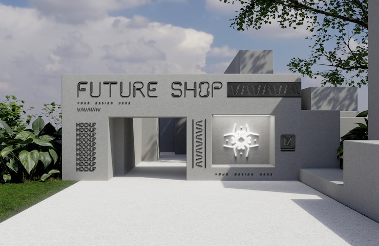 PSD logotipo en un edificio futurista