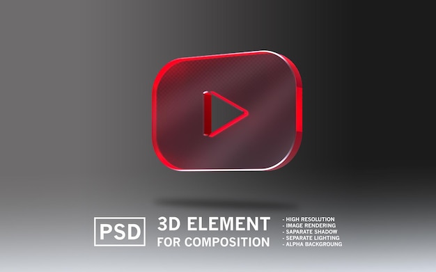 El logotipo del elemento de renderización de vidrio 3D Sosmed Youtube