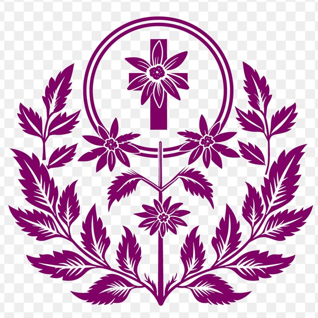 PSD el logotipo del emblema de la planta de borraja con corona decorativa y cruz en psd diseño artístico de contorno de tatuaje vectorial