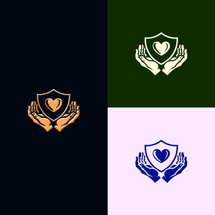 PSD logotipo de escudo de caridad y premio sin fines de lucro con corazón y mano diseños vectoriales creativos y únicos