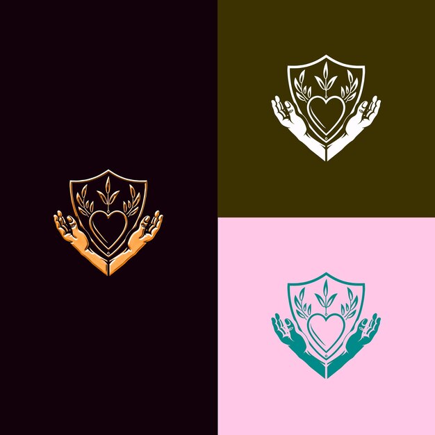 Logotipo de escudo de caridad y premio sin fines de lucro con corazón y mano Diseños vectoriales creativos y únicos