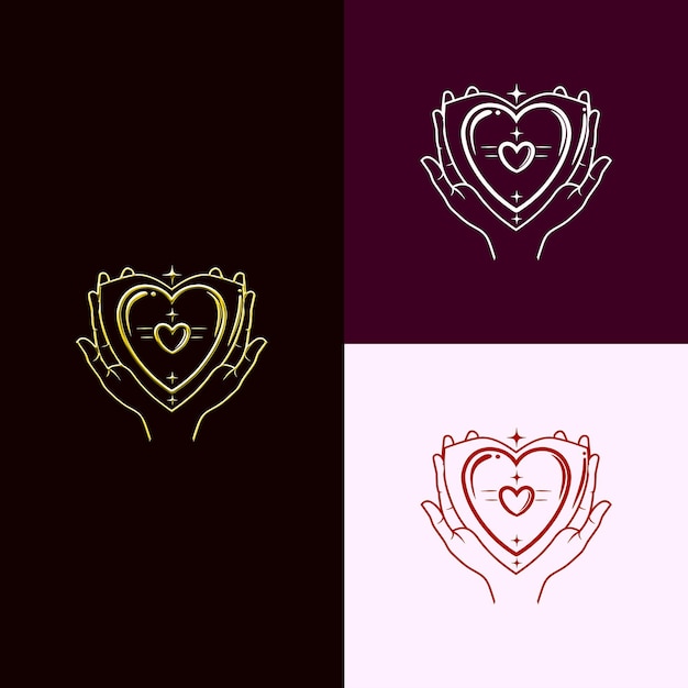 Logotipo de escudo de caridad y premio sin fines de lucro con corazón y mano Diseños vectoriales creativos y únicos
