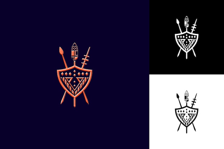 PSD logotipo de escudo étnico africano con lanzas e impresiones de animales para colecciones de diseño vectorial abstracto