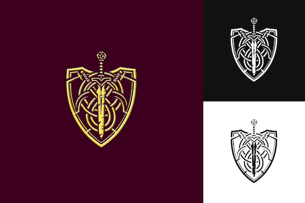 El logotipo del escudo del guerrero celta con nudos entrelazados y la espada Colecciones de diseño vectorial abstracto
