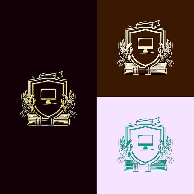 Logotipo del Escudo del Premio de Educación Tecnológica con Diseños Vectoriales Creativos y Únicos de Computadora y Cha