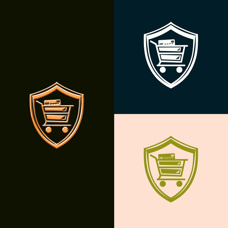 PSD logotipo del escudo de premios de comercio minorista y electrónico con carrito de compras un diseño vectorial creativo y único