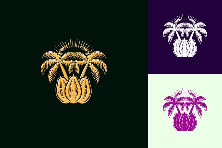 PSD logotipo exótico de la cresta de la papaya con palmeras decorativas y diseños vectoriales creativos y minimalistas