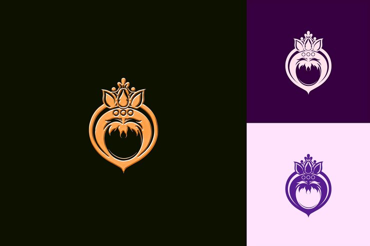 PSD logotipo exótico de mangostán con pétalos decorativos y un diseño vectorial creativo y minimalista de royal cr