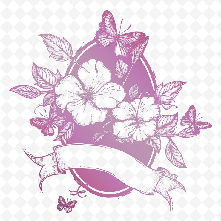 PSD un logotipo floral rosa y blanco con mariposas y cinta