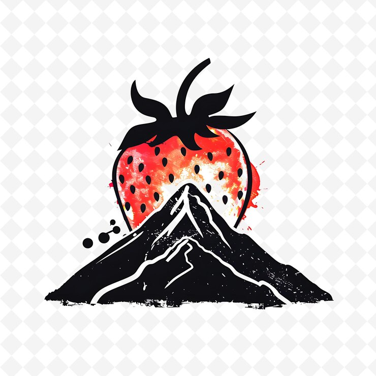 PSD logotipo de flujo de lava con un volcán y una acuarela de fresa lo png diseños de bebidas inspiradas en los trópicos