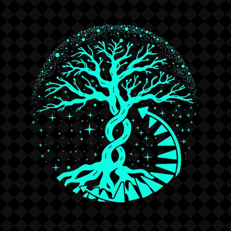PSD el logotipo futurista del árbol de la vida con diseños de vectores vegetales decorativos de galaxias y adn