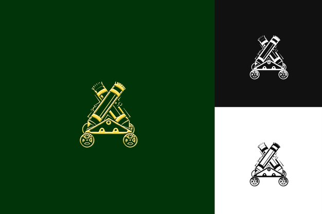 Logotipo histórico de catapulta con brazo y ruedas para decoración Wi Colecciones de diseño vectorial abstracto