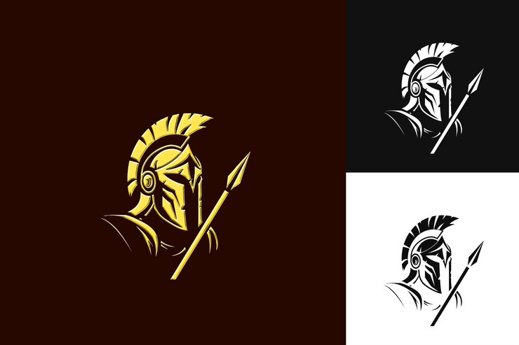 PSD logotipo histórico espartano com um capacete e uma lança para coleções de design vetorial abstrato decora