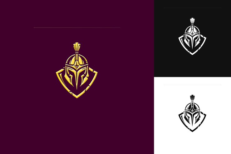 PSD el logotipo histórico del gladiador con una espada y un escudo para las colecciones de diseño vectorial abstracto de decora