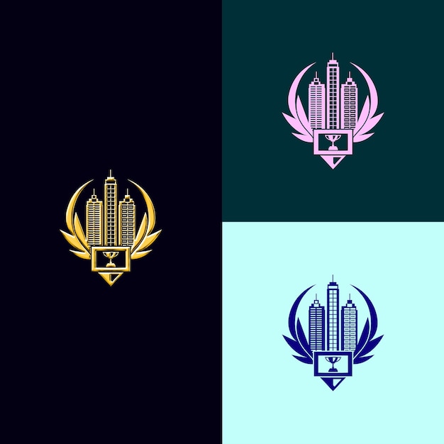 El logotipo de la insignia del premio de excelencia corporativa con rascacielos y diseños vectoriales creativos y únicos de Tr