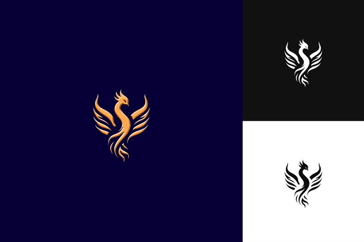 PSD el logotipo legendario del fénix con llamas y plumas para las colecciones de diseño vectorial abstracto de decorati