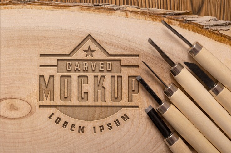 PSD logotipo de maqueta con efecto grabado en madera y herramientas.