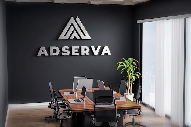 Logotipo maqueta sala reuniones oficina pared negra realista