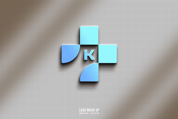 PSD el logotipo de la marca blue 3d k letter medical cross mockup
