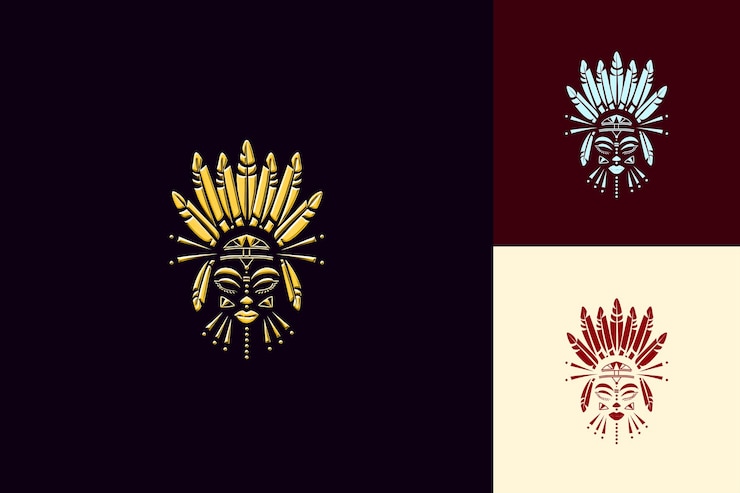 PSD logotipo de máscara tribal africana con plumas y cuentas para decorar diseños vectoriales abstractos creativos