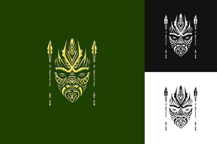 PSD el logotipo de la máscara tribal maorí en negrita con patrones retorcidos y lanzas colecciones de diseño vectorial abstracto