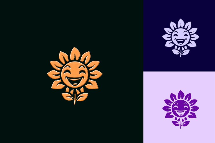 PSD logotipo de mascota alegre de girasol con pétalos y una sonrisa diseño de diseños vectoriales abstractos lindos