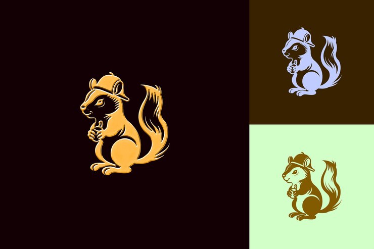 PSD logotipo de mascota animal de ardilla juguetona con gorra de bellota y diseños vectoriales abstractos y bonitos