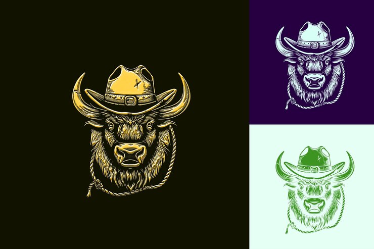 PSD logotipo de la mascota del animal bisonte poderoso con diseños vectoriales abstractos bonitos de vaquero del viejo oeste americano