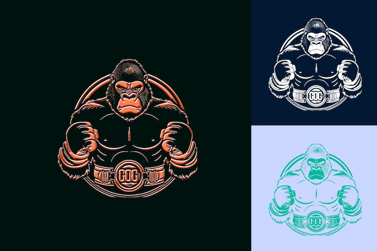 PSD logotipo de mascota animal de gorila gruñona con guantes de boxeo y diseños vectoriales abstractos de cha