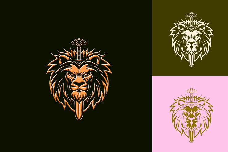 PSD el logotipo de la mascota brave lion con una melena y una espada diseñado con hermosos diseños vectoriales abstractos