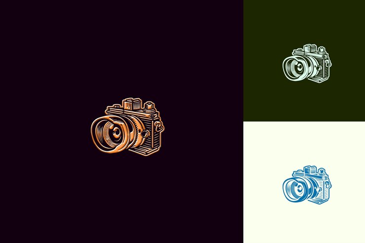 PSD logotipo de la mascota de la cámara retro con una lente y un rollo de película diseñados con diseños vectoriales abstractos lindos