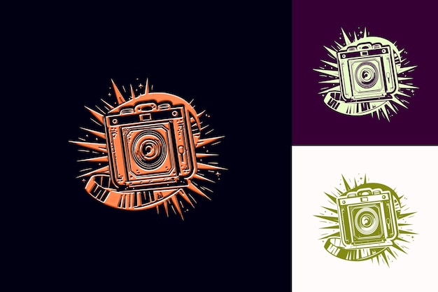 Logotipo de la mascota de la cámara retro con una lente y un rollo de película diseñados con diseños vectoriales abstractos lindos