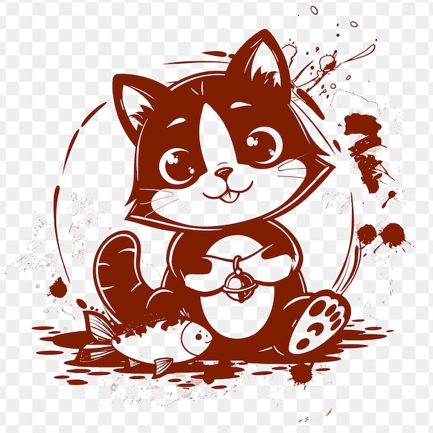 PSD el logotipo de la mascota del gato curioso con un pez y una campana diseñado con psd vector tshirt tattoo ink art