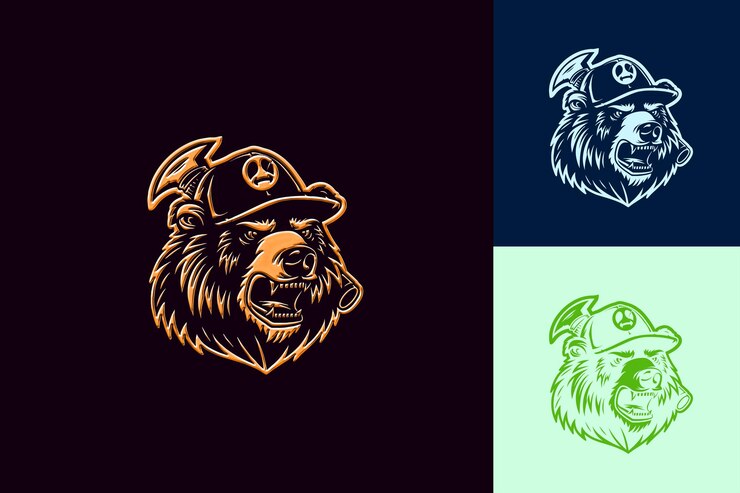 PSD el logotipo de la mascota del oso rugiente con sombrero de leñador y hacha diseños vectoriales abstractos lindos