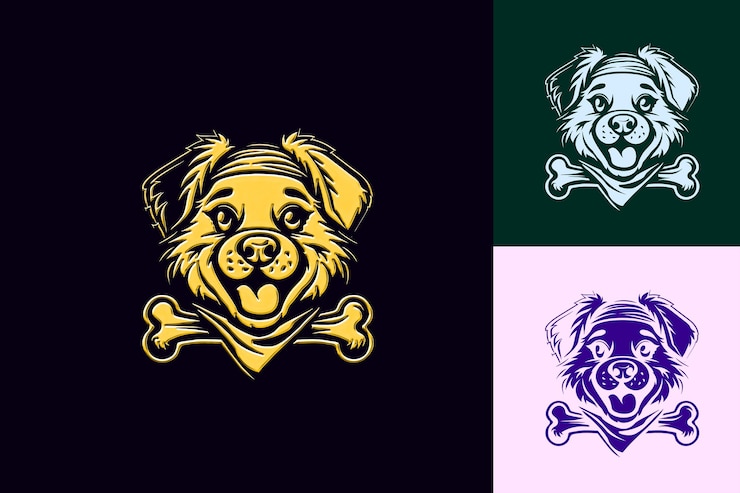 PSD el logotipo de la mascota del perro feliz con un hueso y una bandana diseñados con hermosos diseños vectoriales abstractos