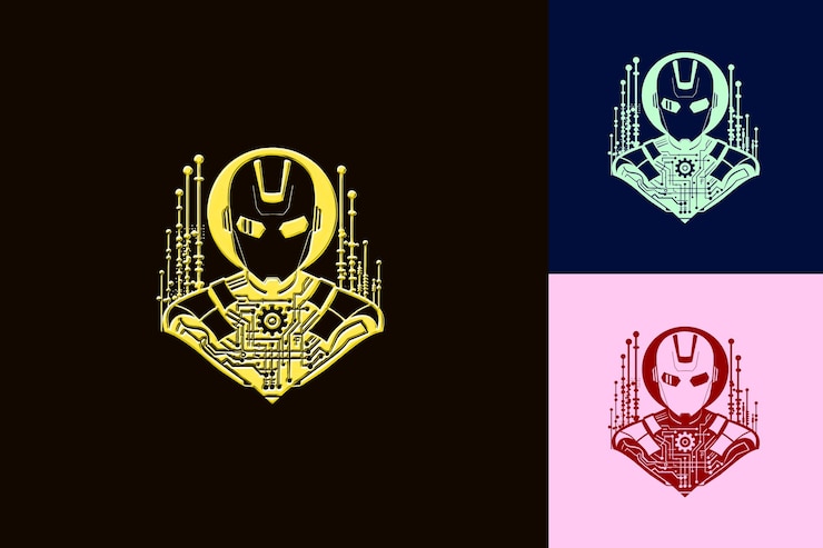 PSD logotipo de mascota robot futurista con un engranaje y una placa de circuito d diseños vectoriales abstractos lindos
